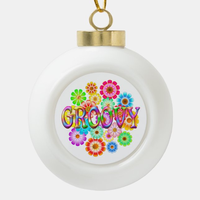 GROOVY Fun Flowers Ceramic Ball Christmas Ornament (Front)