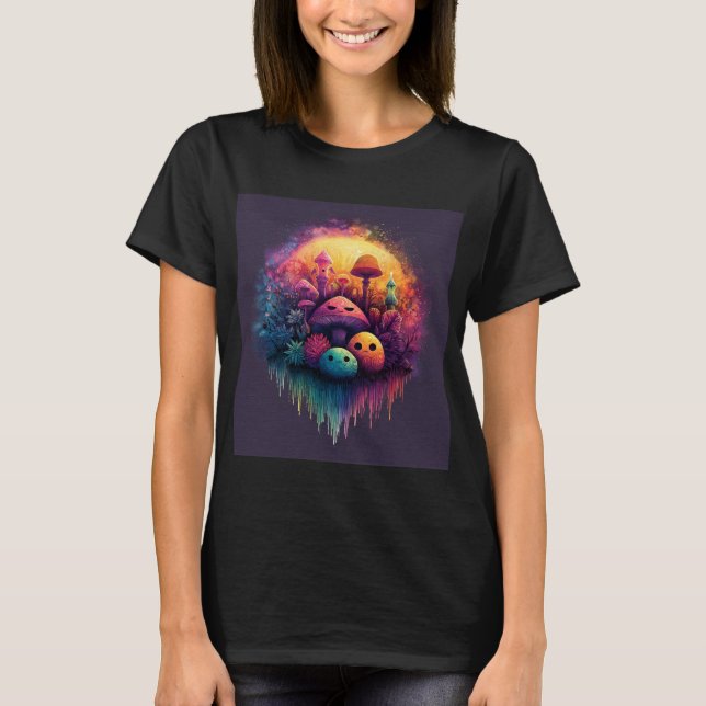 Groovy Fun Mushrooms Women’s Black T-Shirt (Front)