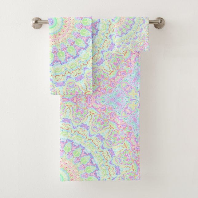 Groovy Funky Boho Hippie Rainbow Abstract Mandala Bath Towel Set (Insitu)