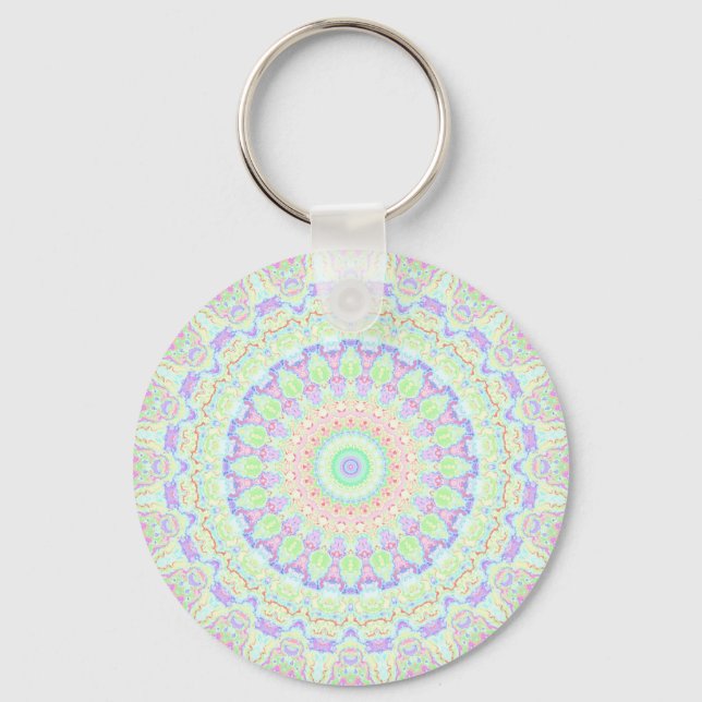 Groovy Funky Boho Hippie Rainbow Abstract Mandala Key Ring (Front)
