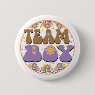Groovy Gender Reveal Team Boy Blue, Retro Flower 6 Cm Round Badge