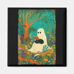 Groovy Ghost Reading Book Black Cat Halloween Magnet
