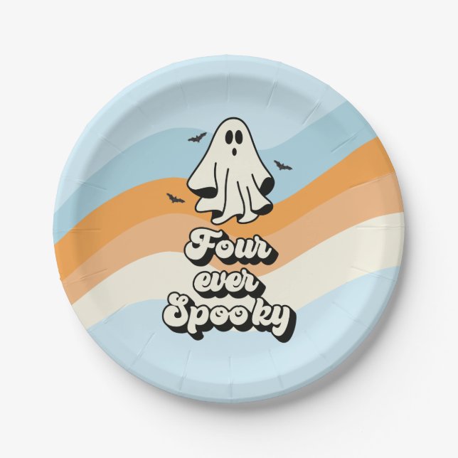 groovy Ghost retro Halloween Four Ever Spooky Paper Plate (Front)