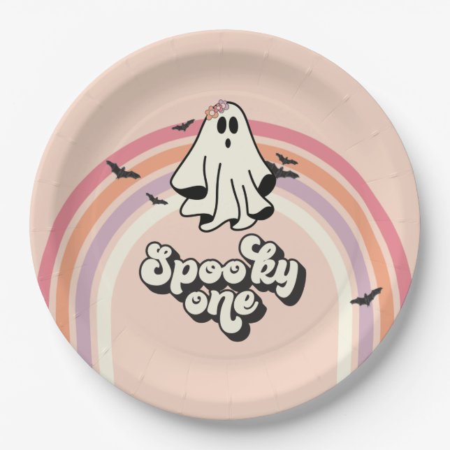groovy Ghost retro Halloween Spooky One Birthday Paper Plate (Front)