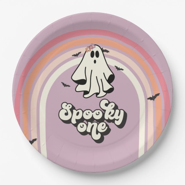 groovy Ghost retro Halloween Spooky One Birthday Paper Plate (Front)