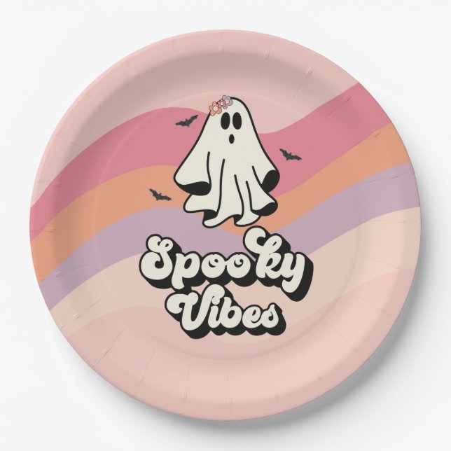 groovy Ghost retro Halloween Spooky Vibes Birthday Paper Plate (Front)