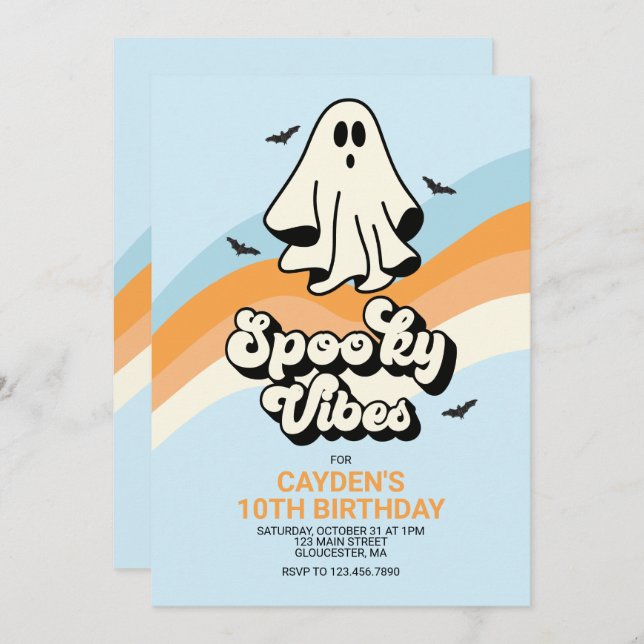 groovy Ghost retro Halloween Spooky Vibes Blue Invitation (Front/Back)