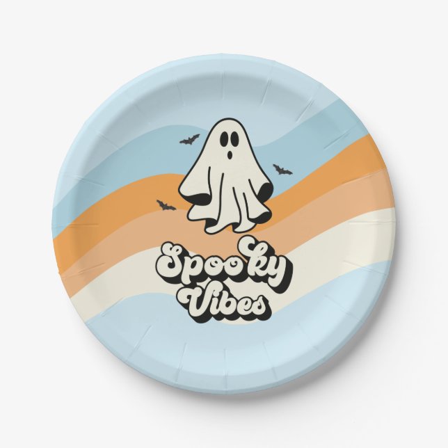 groovy Ghost retro Halloween Spooky Vibes Blue Paper Plate (Front)