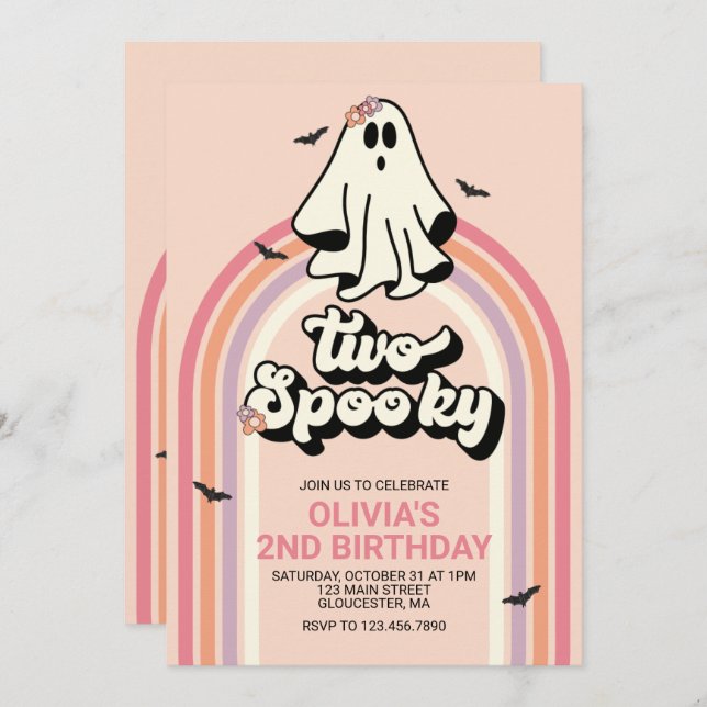 groovy Ghost retro Halloween Two Spooky Birthday I Invitation (Front/Back)