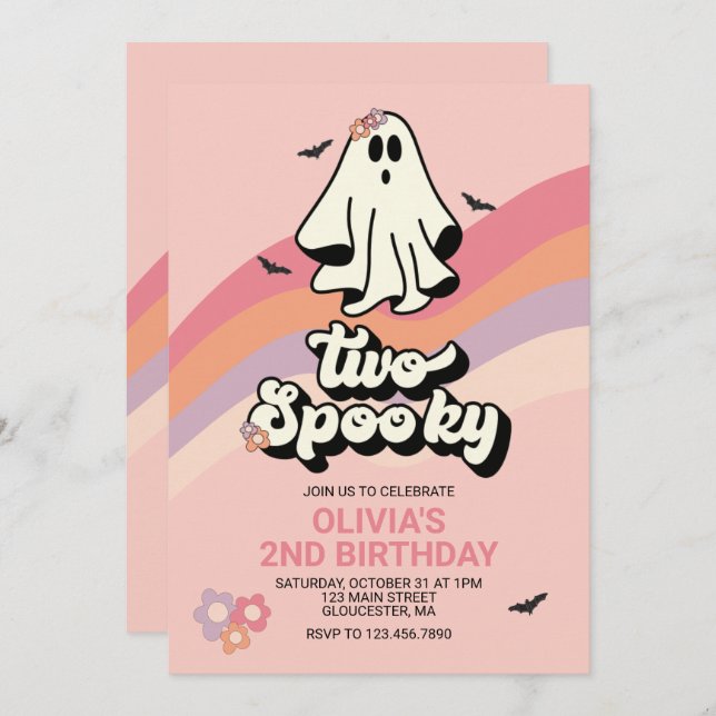 groovy Ghost retro Halloween Two Spooky Birthday Invitation (Front/Back)