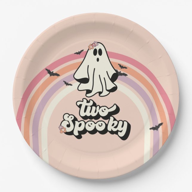 groovy Ghost retro Halloween Two Spooky Birthday Paper Plate (Front)
