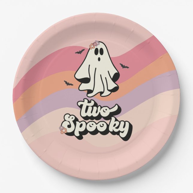groovy Ghost retro Halloween Two Spooky Birthday Paper Plate (Front)