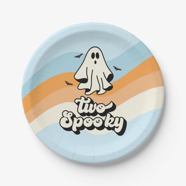 groovy Ghost retro Halloween Two Spooky blue Paper Plate (Front)