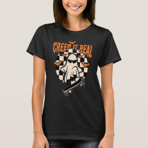 Groovy Ghost Skateboard Lazy Halloween Costume Cre T-Shirt