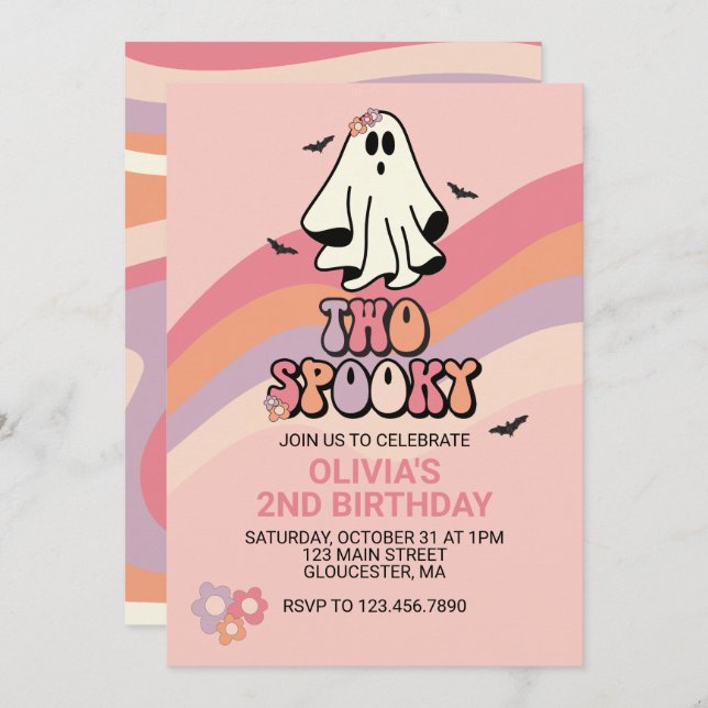 Groovy Ghost Two Spooky Halloween Birthday Invitat Invitation (Front/Back)