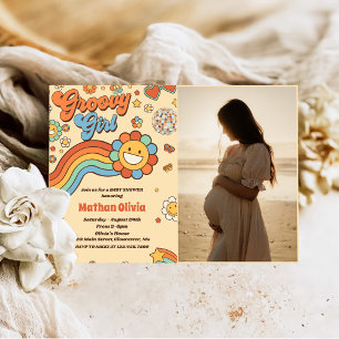 Groovy Girl Retro Rainbow Baby Shower Party Photo Invitation