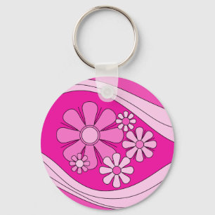 Groovy Girly 60s 70s Hot Pink Retro Floral Pattern Key Ring