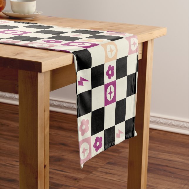 Groovy Girly Psychedelic Chequerboard, Y2K Short Table Runner (In Situ)