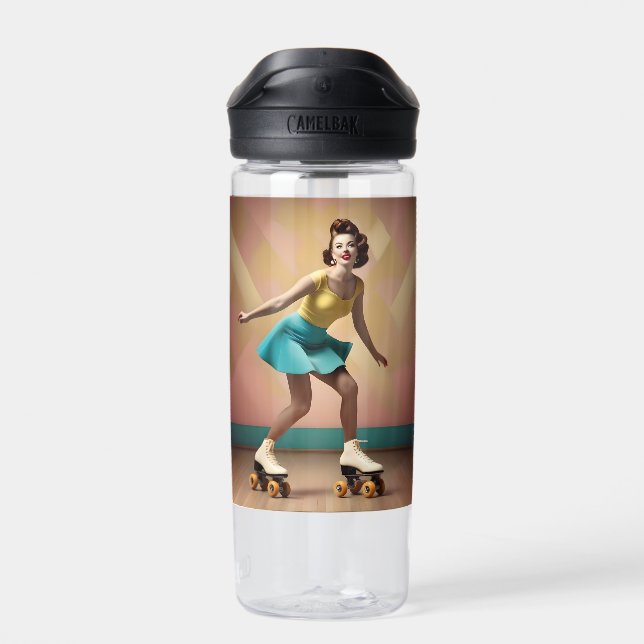 "Groovy Glide: Retro Rhythms on Skate Wheels" Water Bottle (Back)