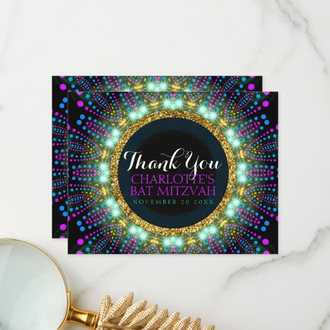 Groovy Glow Blacklight Bat Mitzvah Thank You V2L Card (Front/Back In Situ)
