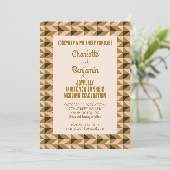 Groovy Gold All-in-One Retro Art Deco Wedding Invitation (Standing Front)