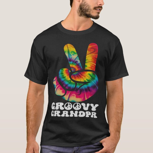 Groovy Grandpa Hand Peace Sign Hippie Tie Dye T-Shirt (Front)
