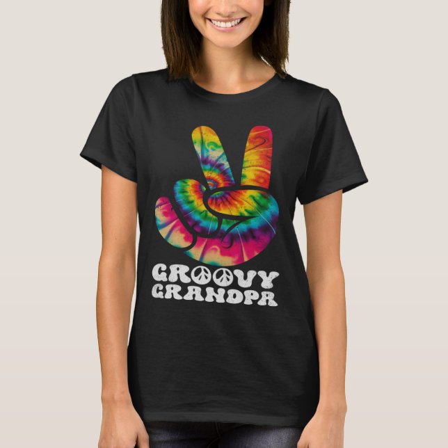 Groovy Grandpa Hand Peace Sign Hippie Tie Dye T-Shirt (Front)