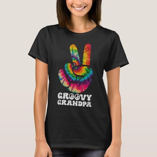 Groovy Grandpa Hand Peace Sign Hippie Tie Dye T-Shirt (Front)