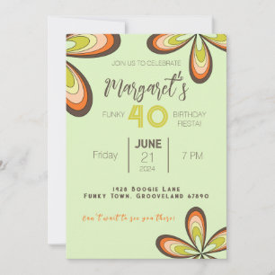 Groovy Green 40 Birthday Party 70s Hippie Flower  Invitation
