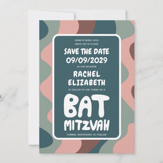 Groovy Green Waves Custom Bat Bar Bnai Mitzvah Save The Date (Front)