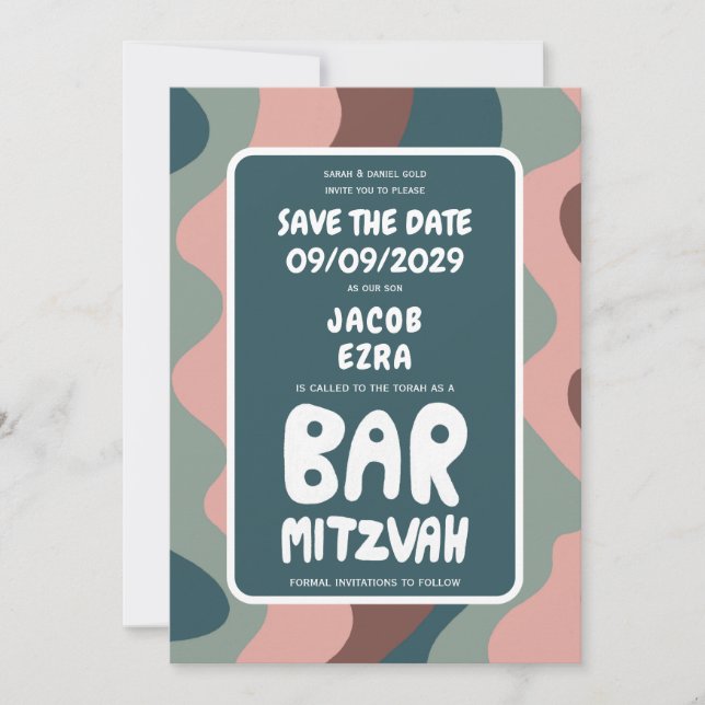 Groovy Green Waves Custom Bat Bar Bnai Mitzvah Save The Date (Front)