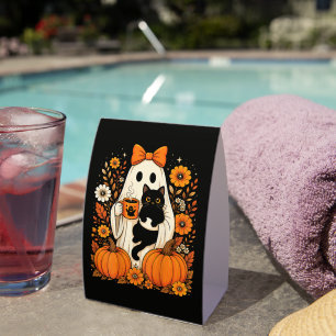 Groovy Halloween Ghost Holding Black Cat Floral