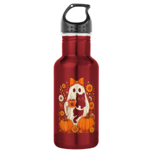 Groovy Halloween Ghost Holding Black Cat Floral 532 Ml Water Bottle