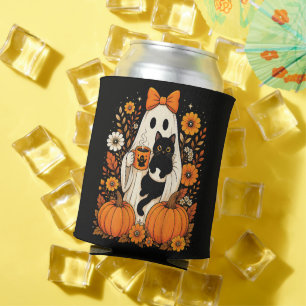 Groovy Halloween Ghost Holding Black Cat Floral Can Cooler