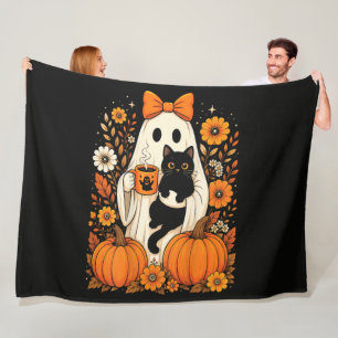 Groovy Halloween Ghost Holding Black Cat Floral Fleece Blanket