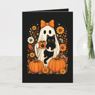 Groovy Halloween Ghost Holding Black Cat Floral Holiday Card