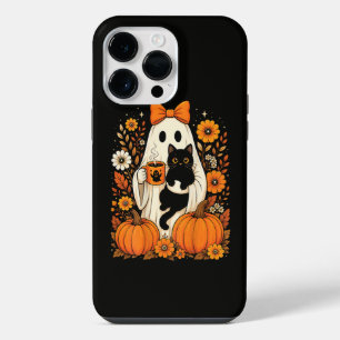 Groovy Halloween Ghost Holding Black Cat Floral iPhone 14 Pro Max Case