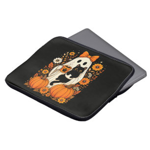 Groovy Halloween Ghost Holding Black Cat Floral Laptop Sleeve