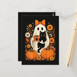 Groovy Halloween Ghost Holding Black Cat Floral Postcard