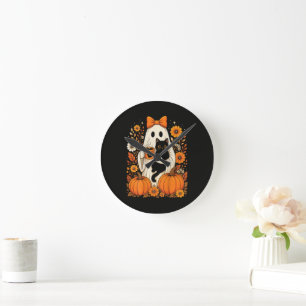Groovy Halloween Ghost Holding Black Cat Floral Round Clock