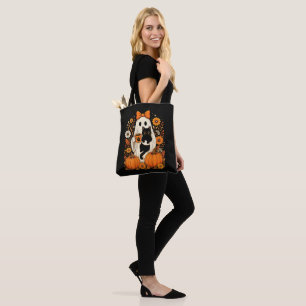 Groovy Halloween Ghost Holding Black Cat Floral Tote Bag