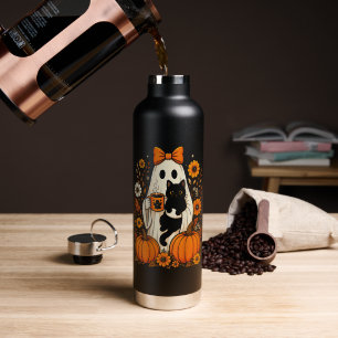 Groovy Halloween Ghost Holding Black Cat Floral Water Bottle