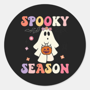 Groovy Halloween Ghost Holding Pumpkin Spooky Seas Classic Round Sticker