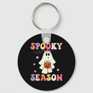 Groovy Halloween Ghost Holding Pumpkin Spooky Seas Key Ring