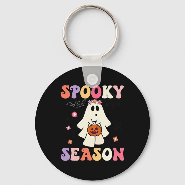 Groovy Halloween Ghost Holding Pumpkin Spooky Seas Key Ring (Front)