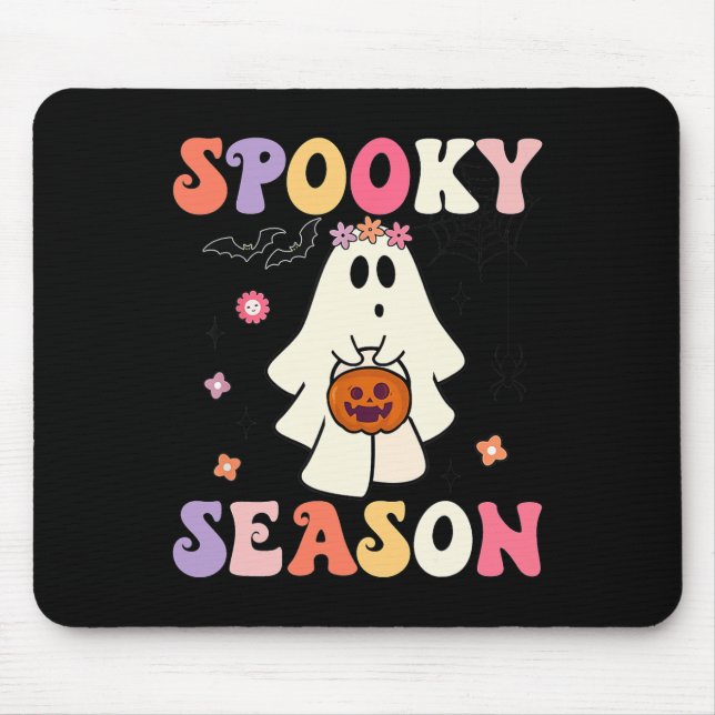 Groovy Halloween Ghost Holding Pumpkin Spooky Seas Mouse Mat (Front)