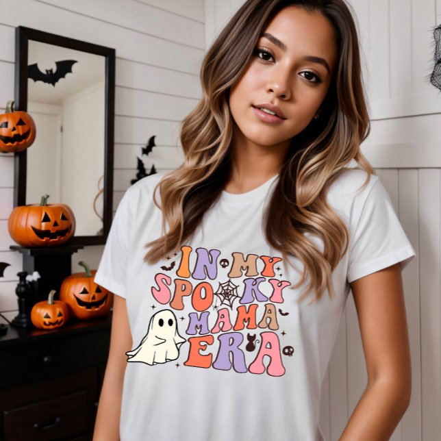 GROOVY HALLOWEEN IN MY SPOOKY MAMA ERA  T-Shirt (COOL RETRO SPOOKY MAMA ERA HALLOWEEN GROOVY VINTAGE FONT IN PASTEL COLOR TAN PINK PURPLE VIOLET)