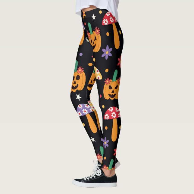 Groovy Halloween Pumpkins flowers and mushrooms  Leggings (Left)