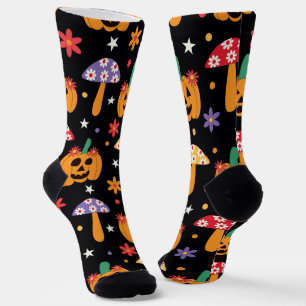 Groovy Halloween Pumpkins flowers and mushrooms Socks