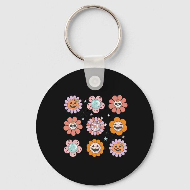Groovy Halloween Smile Face Disco Retro Pumpkin Sk Key Ring (Front)